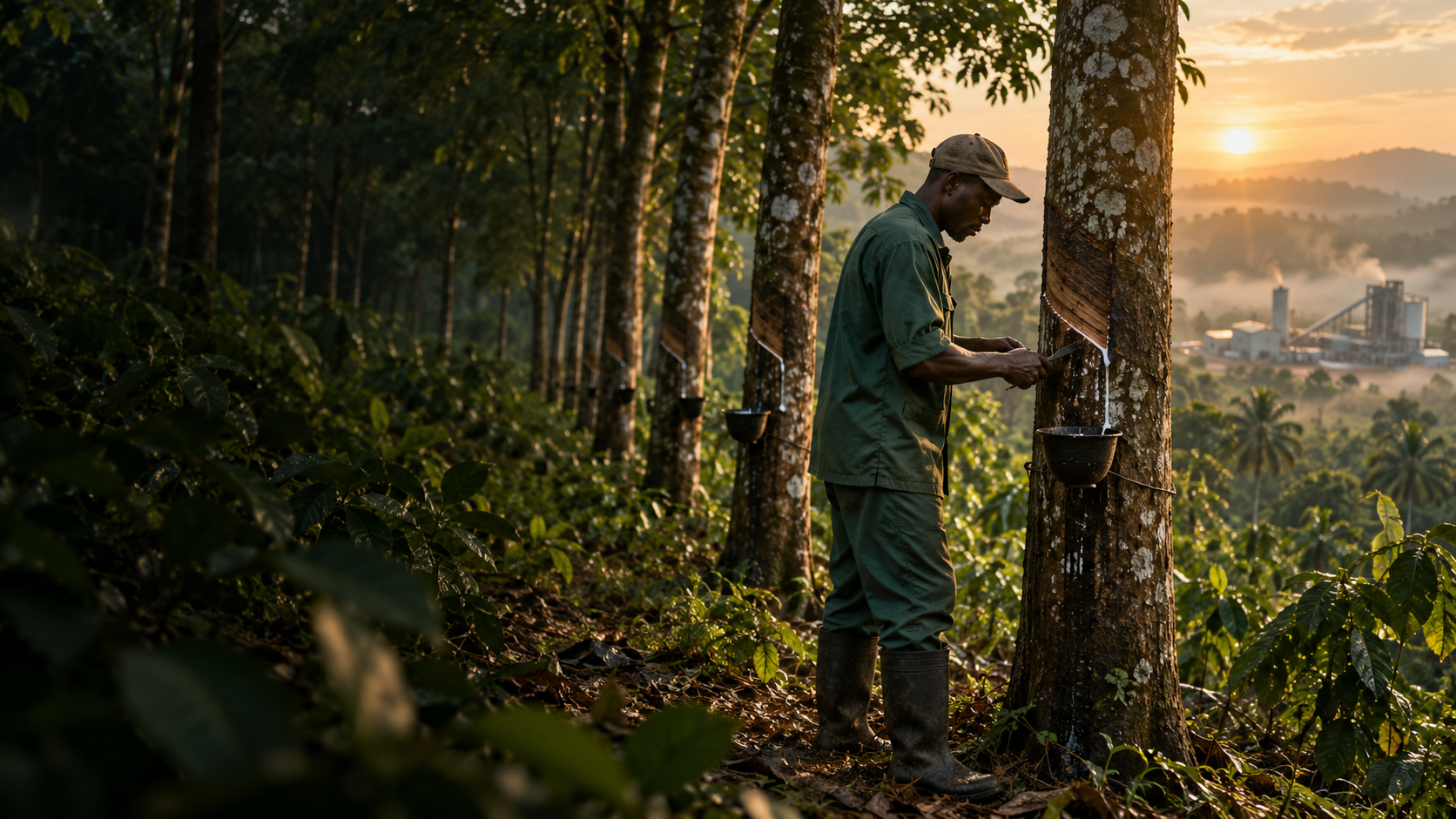 Saignée d’un hévéa dans une plantation ivoirienne au lever du soleil